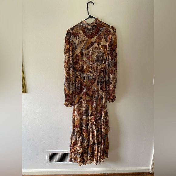 Farm Rio Brown Dotted Macaws Long Sleeve Maxi Ruffle Boho Dress Small - Picture 3 of 8